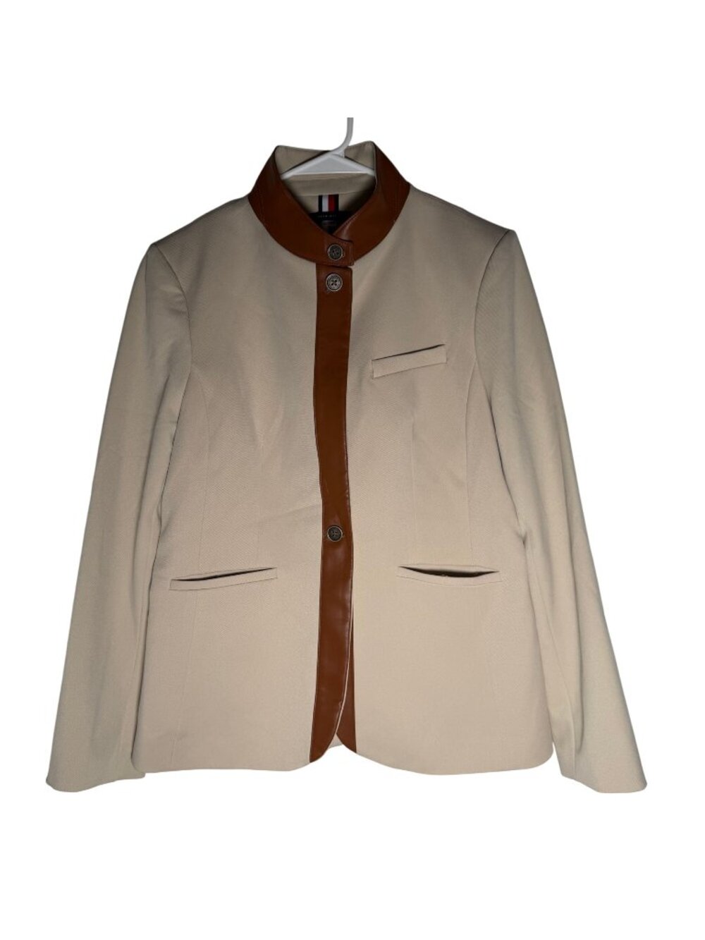 Tommy Hilfiger Womens Beige Faux Leather Trim Blazer Jacket Size 12